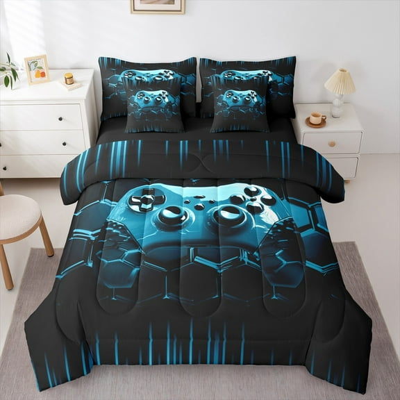 Manfei Boys Game Console Twin Bedding Sets 7-Piece, Cyan Rectangle Geometric Bedding Comforter Set, Modern Video Gaming Reversible Sheet Sets, Lightweight Room Decor
