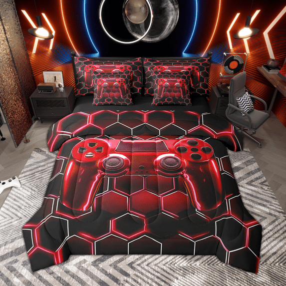 Manfei Boys Gamer Bedding Comforter Set 7pcs, Teens Video Game Gaming Full Bedding Set, Black Red Honeycomb Fitted Sheet Flat Sheet, Breathable Home Decor