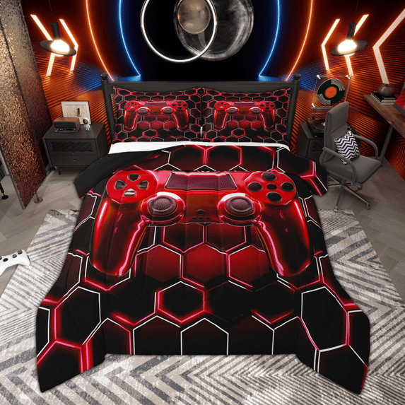 Manfei Boys Gamer Bedding Comforter Set, Teens Video Game Gaming Twin Comforter Sets, Black Red Honeycomb Bedding Set, Breathable Home Decor Reversible 2 Pieces