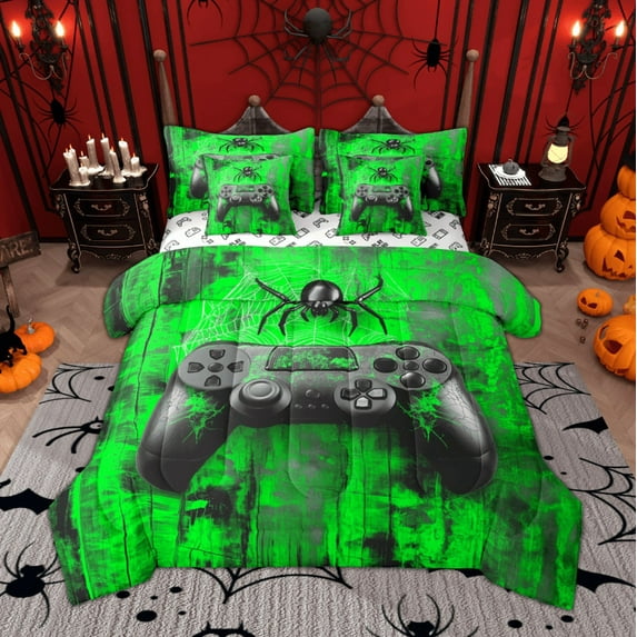 Manfei Boys Gamer Gamepad Bedding Comforter Set, Hippie Spider Print King Bedding Sets, Black Green Watercolor Bed Sheets, Super Cozy Room Decor Reversible 7 Pieces