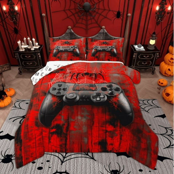 Manfei Boys Gamer Gamepad Bedding Comforter Set, Hippie Spider Print Twin Comforter Sets, Black Red Watercolor Bedding Set, Super Cozy Room Decor, 2pcs Reversible