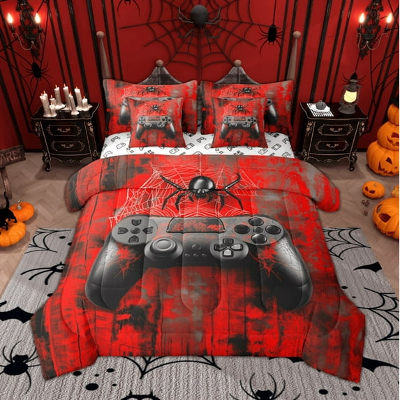 Manfei Boys Gamer Gamepad Twin Bedding Sets, Hippie Spider Print Bedding Comforter Set, Black Red Watercolor Sheet Sets, Super Cozy Room Decor Reversible 7 Pieces