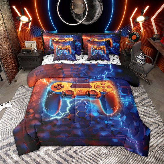Manfei Boys Gamer Gaming Twin Bedding Sets 7pcs, Flame Lightning Honeycomb Bedding Comforter Set, Black Neon Orange Blue Sheet Sets, Breathable Home Decor