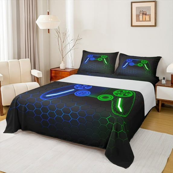 Manfei Boys Gamer Twin Sheet Sets 3 Pieces, Gradient Game Console Kids Twin Fitted Sheet, Geometric Honeycomb Flat Sheet, Super Cozy Bedroom Decor, Black Blue Green