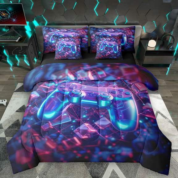 Manfei Boys Gaming Bedding Comforter Set 7pcs, Teen Gamer Game Console King Bedding Sets, Futuristic Cubes Bed Sheets, Lightweight Room Decor