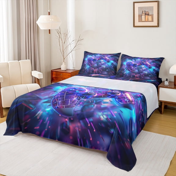 Manfei Boys Gaming Full Size Sheets 4-Piece, Teen Gamer Game Console Bed Sheets, Abstract Modern Geometic Sheet Sets, Luxury Bedroom Decor
