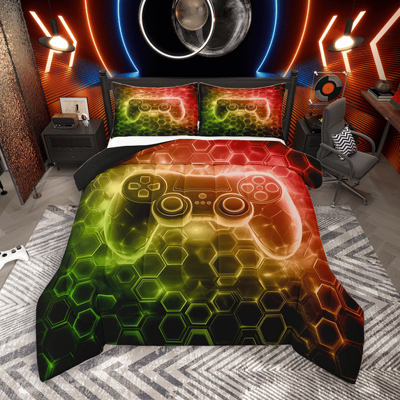 Manfei Boys Gaming Gamer Bedding Comforter Set 2pcs, Gradient Game Console Twin Comforter Sets, Black Gold Orange Honeycomb Bedding Set, Ultra Soft Home Decor