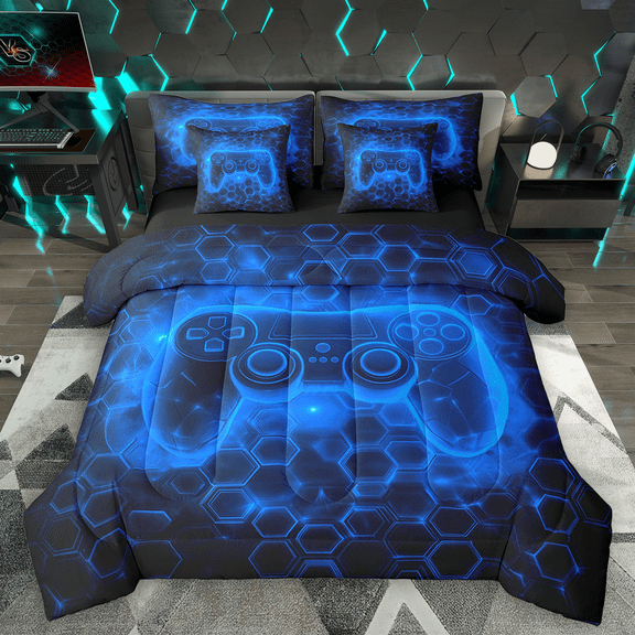 Manfei Boys Gaming Gamer Bedding Comforter Set 7pcs, Gradient Game Console King Bedding Sets, Black Blue Honeycomb Bed Sheets, Luxury Bedroom Decor