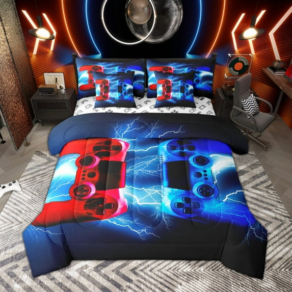 Manfei Boys Gaming Gamer Bedding Comforter Set, Black Blue Red Queen Bedding Sets, Gradient Lightning Queen Sheet Sets, Microfiber Bedroom Decor Reversible 7 Pieces