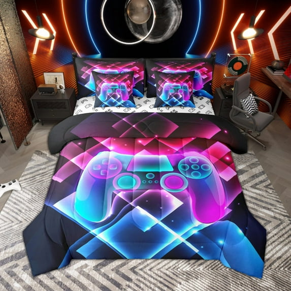 Manfei Boys Gaming Gamer Bedding Comforter Set, Video Game Console Gamepad Full Bedding Set, Black Blue Pink Fitted Sheet Flat Sheet, Super Cozy Room Decor Reversible 7 Pieces