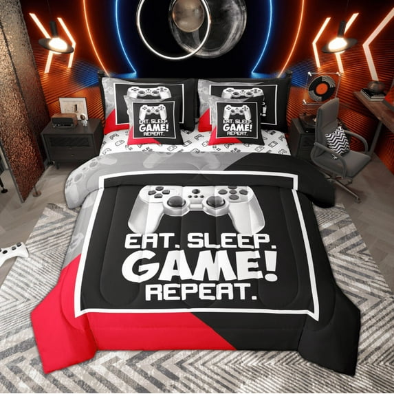 Manfei Boys Gaming Gamer Bedding Comforter Set, Video Game Console Gamepad King Bedding Sets, Black Red White Bed Sheets, Super Cozy Room Decor Reversible 7 Pieces