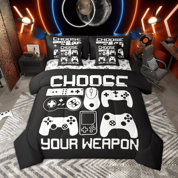 Manfei Boys Gaming Gamer Bedding Comforter Set, Video Game Console Gamepad Queen Bedding Sets, Black and White Queen Sheet Sets, Microfiber Bedroom Decor Reversible 7 Pieces