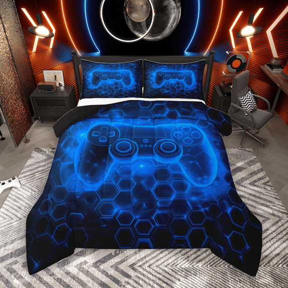 Manfei Boys Gaming Gamer Full Size Comforter Sets 3-Piece, Gradient Game Console Bedding Comforter Set, Black Blue Honeycomb Bedding Sets, Luxury Bedroom Decor