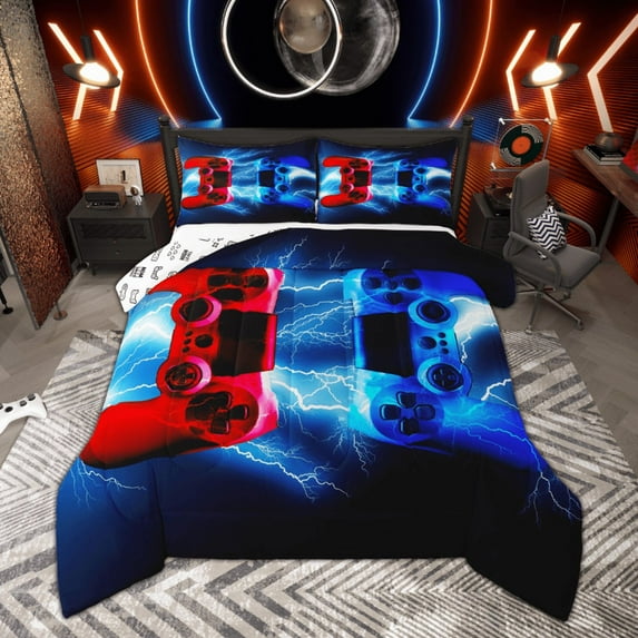Manfei Boys Gaming Gamer Full Size Comforter Sets, Black Blue Red Bedding Comforter Set, Gradient Lightning Bedding Sets, Microfiber Bedroom Decor, 3-Piece Reversible