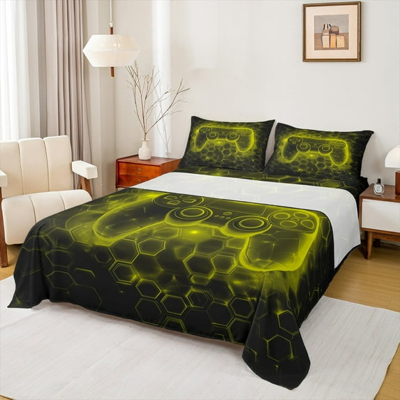 Manfei Boys Gaming Gamer Full Size Sheets 4-Piece, Gradient Game Console Bed Sheets, Gold Black Honeycomb Sheet Sets, Ultra Soft Home Decor