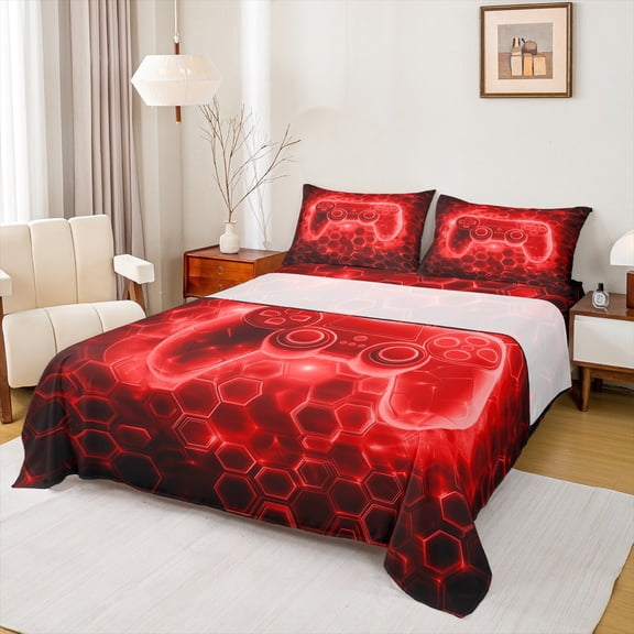 Manfei Boys Gaming Gamer Full Size Sheets 4-Piece, Gradient Game Console Bed Sheets, Red Black Honeycomb Sheet Sets, Breathable Home Decor