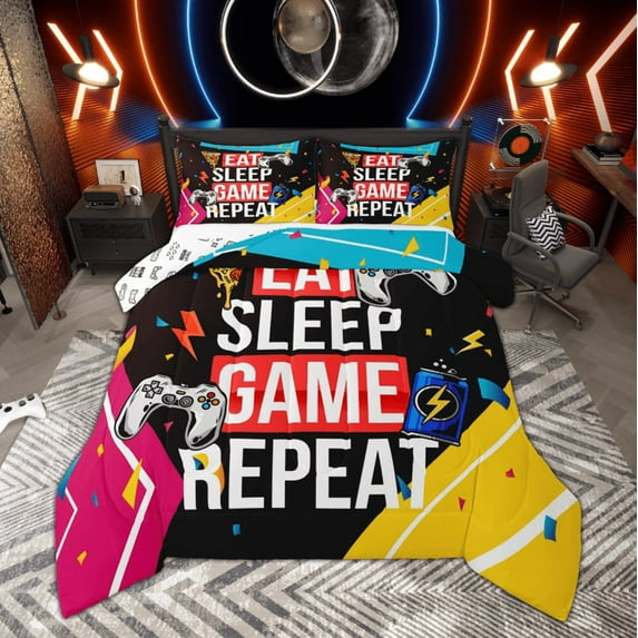 Manfei Boys Gaming Gamer Queen Comforter Set, Teens Gamepad Bedding Sets, Eat Sleep Game Repeat Print Bedding Comforter Set, Microfiber Bedroom Decor, 3-Piece Reversible