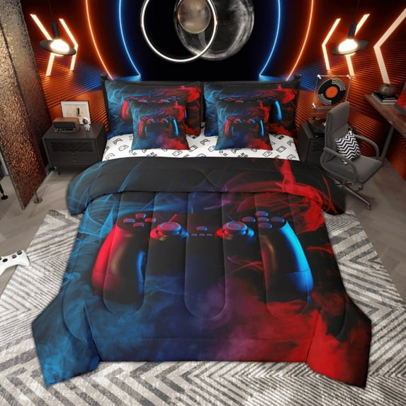 Manfei Boys Gaming Gamer Twin Bedding Sets, Video Game Console Gamepad Bedding Comforter Set, Black Blue Red Sheet Sets, Super Cozy Room Decor Reversible 7 Pieces