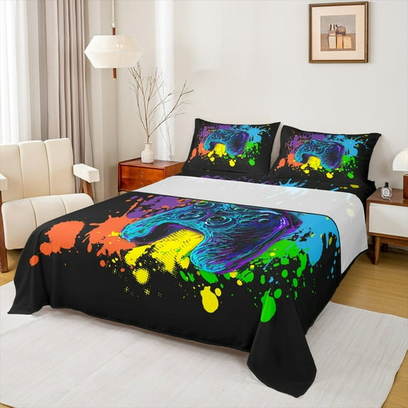 Manfei Boys Gaming Gamer Twin Sheet Sets, Video Game Console Gamepad Twin Fitted Sheet, Rainbow Graffiti Splash Flat Sheet, Microfiber Bedroom Decor3 Pieces