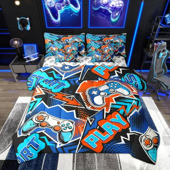 Manfei Boys Gaming Twin Bedding Sets 7-Piece, Neon Game Constroller Bedding Comforter Set, Gradient Hexagon Sheet Sets, Microfiber Room Decor, Blue Red