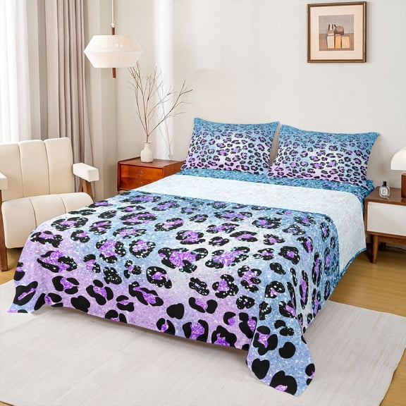 Manfei Boys Girls Abstract Leopard Print 3pcs Twin Sheet Sets,Gradient Cheetah Print Twin Fitted Sheet,Ombre Bling Glitter Breathable Flat Sheet,Microfiber Bedroom Decor