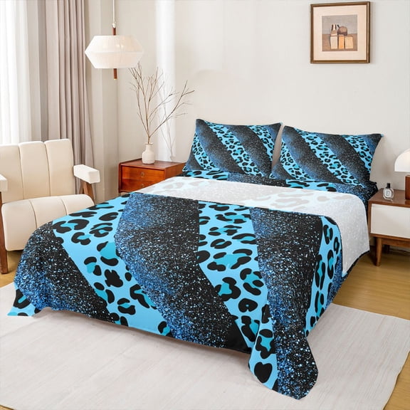 Manfei Boys Girls Abstract Leopard Print 3pcs Twin Sheet Sets,Gradient Cheetah Print Twin Fitted Sheet,Ombre Bling Glitter Breathable Flat Sheet,Microfiber Bedroom Decor