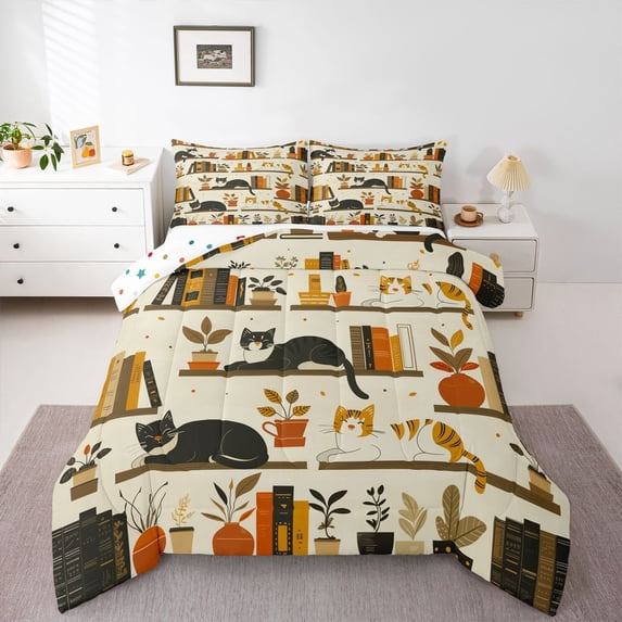 Manfei Boys Girls Animal Cats Full Size Comforter Sets 3-Piece,Vintage Aesthetic Bedding Comforter Set,Cartoon Pet Lightweight Bedding Sets,Ultra Soft Home Decor,Reversible