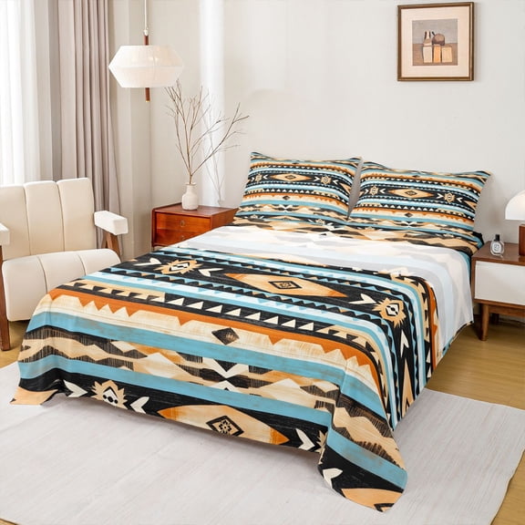 Manfei Boys Girls Bohemian Aztec 4-Piece Full Size Sheets,Exotic Style Bed Sheets,Black White Brown Lightweight Sheet Sets,Microfiber Bedroom Decor