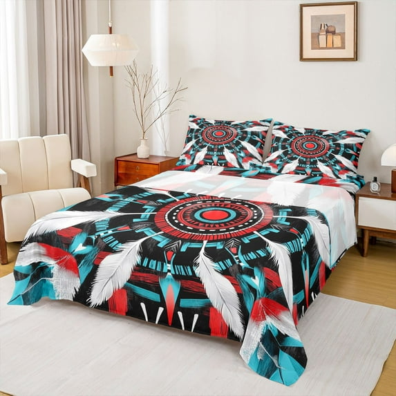 Manfei Boys Girls Bohemian Aztec Feather 4 Pieces Queen Sheet Sets,Exotic Style Ultra Soft Flat Sheet,Black Red Teal White Queen Fitted Sheet,Microfiber Bedroom Decor