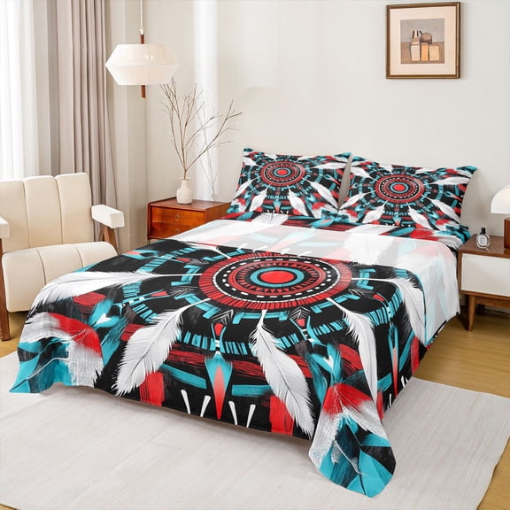 Manfei Boys Girls Bohemian Aztec Feather 4 Pieces Queen Sheet Sets,Exotic Style Ultra Soft Flat Sheet,Black Red Teal White Queen Fitted Sheet,Microfiber Bedroom Decor