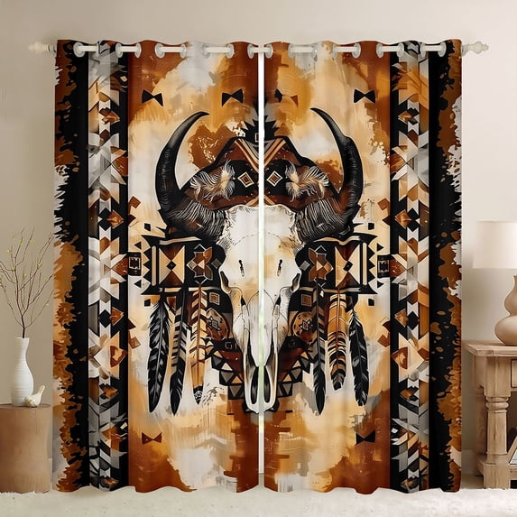 Manfei Boys Girls Bull Skull Black Out Curtains,Tribal Aztec Curtains Pack of 2 (42x63 Each),Western Theme Bedroom Curtains,Luxury Bedroom Decor