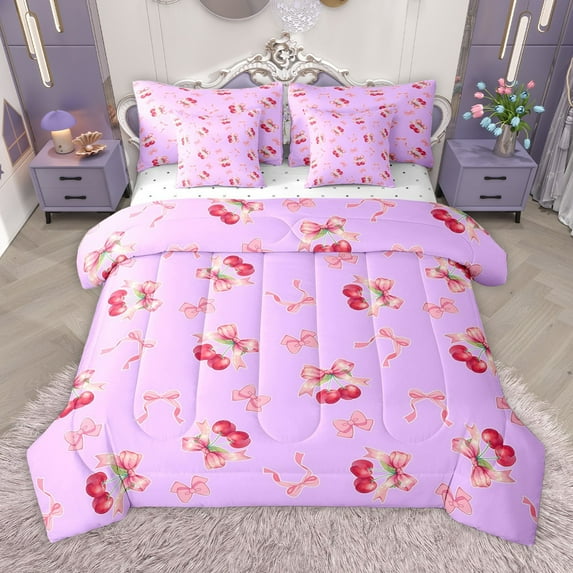 Manfei Boys Girls Cartoon Cherry Bow 7pcs Bedding Comforter Set,Cute Bowknot Queen Bedding Sets Super Cozy,Dreamy Princess Queen Sheet Sets,Luxury Bedroom Decor,Reversible