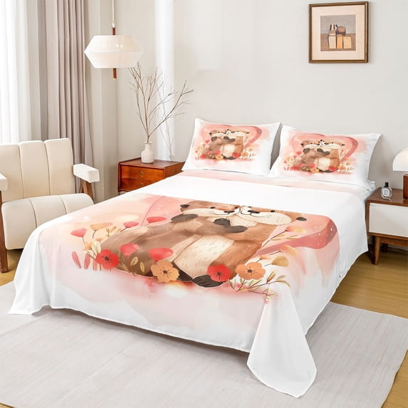 Manfei Boys Girls Cartoon Otters 4pcs Bed Sheets,Chic Floral Love Heart King Sheets,Happy Valentine's Day Super Cozy Sheet Set,Breathable Home Decor
