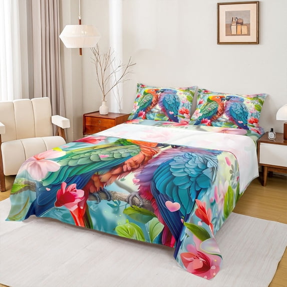 Manfei Boys Girls Cartoon Parrots 4pcs Bed Sheets,Chic Floral Flower King Sheets,Happy Valentine's Day Super Cozy Sheet Set,Breathable Home Decor