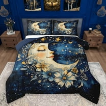 Manfei Boys Girls Chic Floral Moon Bedding Comforter Set 2pcs,Bohemian Theme Twin Comforter Sets Microfiber,Starry Sky Breathable Bedding Set,Microfiber Bedroom Decor,Reversible