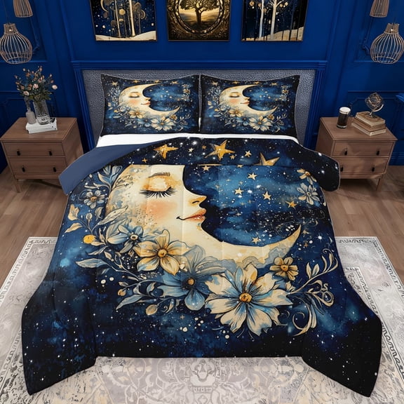 Manfei Boys Girls Chic Floral Moon Bedding Comforter Set 2pcs,Bohemian Theme Twin Comforter Sets Microfiber,Starry Sky Breathable Bedding Set,Microfiber Bedroom Decor,Reversible