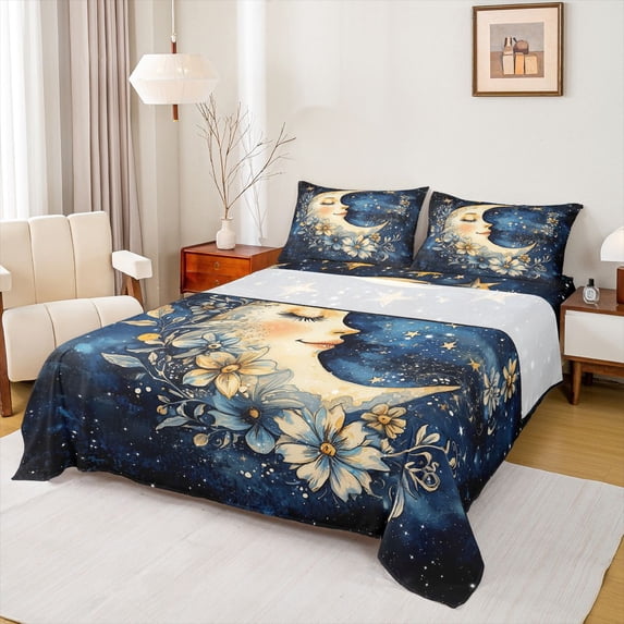 Manfei Boys Girls Chic Floral Moon Full Size Sheets 4-Piece,Bohemian Theme Breathable Bed Sheets,Starry Sky Lightweight Sheet Sets,Microfiber Bedroom Decor