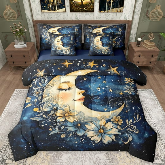 Manfei Boys Girls Chic Floral Moon Twin Bedding Sets 7-Piece,Bohemian Theme Bedding Comforter Set Microfiber,Starry Sky Breathable Sheet Sets,Microfiber Bedroom Decor,Reversible