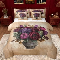 Manfei Boys Girls Chic Floral Rose Twin Bedding Sets 7-Piece,Vintage Aesthetics Bedding Comforter Set Microfiber,Exotic Style Breathable Sheet Sets,Luxury Bedroom Decor,Reversible