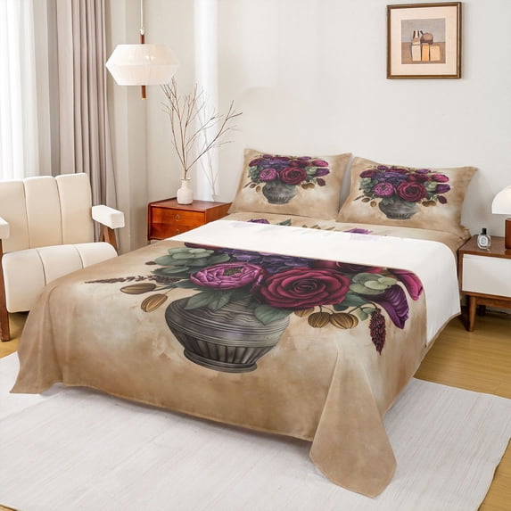 Manfei Boys Girls Chic Floral Rose Twin Sheet Sets 3pcs,Vintage Aesthetics Twin Fitted Sheet Microfiber,Exotic Style Breathable Flat Sheet,Luxury Bedroom Decor