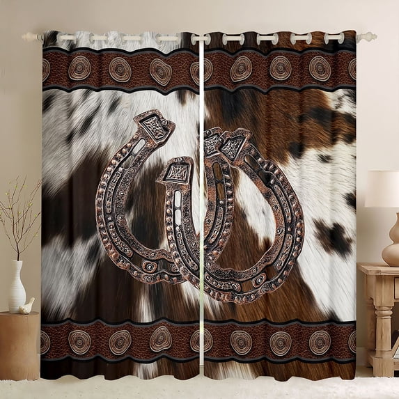 Manfei Boys Girls Cowboy Horseshoe Black Out Curtains,Farmhouse Animal Cow Print Curtains Pack of 2 (42x63 Each),Western Theme Bedroom Curtains,Microfiber Bedroom Decor