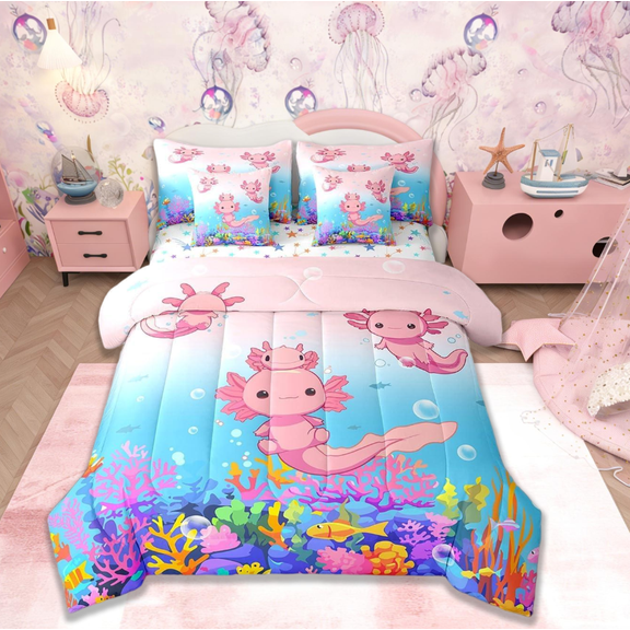 Manfei Boys Girls Cute Axolotl 7 Pieces Bedding Comforter Set,Ocean SealifeFull Bedding Set,Kids Cartoon Salamander Fitted Sheet Flat Sheet For Teens,Pink Blue Super Cozy Room Decor Reversible