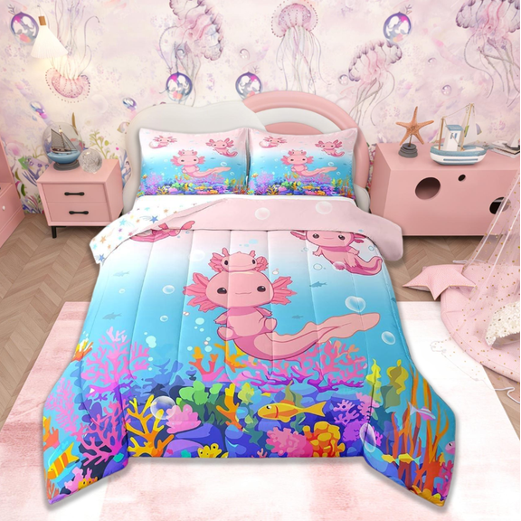 Manfei Boys Girls Cute Axolotl Bedding Comforter Set,Ocean SealifeTwin Comforter Sets,Kids Cartoon Salamander Bedding Set For Teens,Pink Blue Super Cozy Room Decor Reversible,2pcs