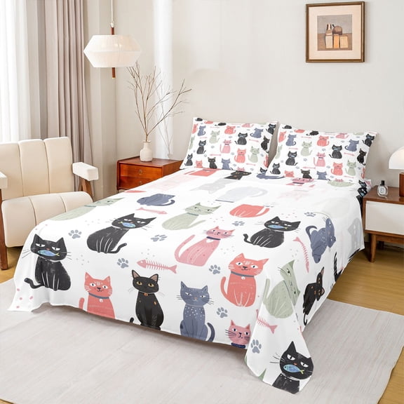 Manfei Boys Girls Cute Cats Twin Sheet Sets 3pcs,Kawaii Animal Twin Fitted Sheet Microfiber,Cartoon Pet Breathable Flat Sheet,Ultra Soft Home Decor