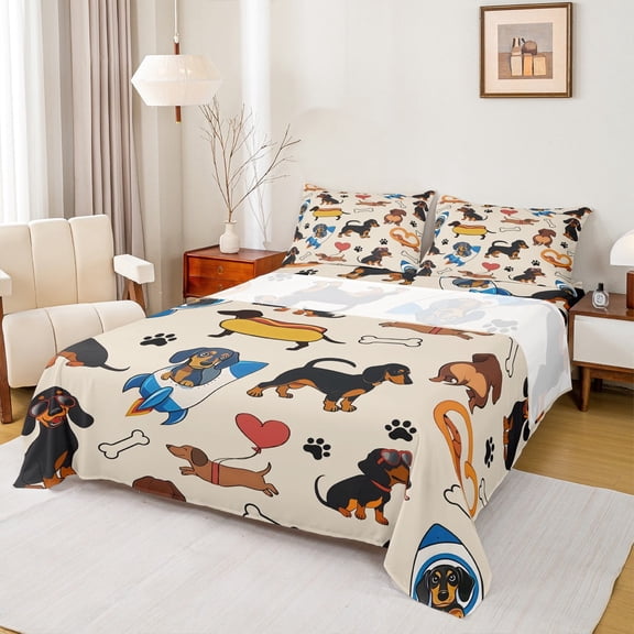 Manfei Boys Girls Dachshund Dog 4 Pieces Queen Sheet Sets,Kawaii Animal Ultra Soft Flat Sheet,Cartoon Pet Queen Fitted Sheet,Ultra Soft Home Decor