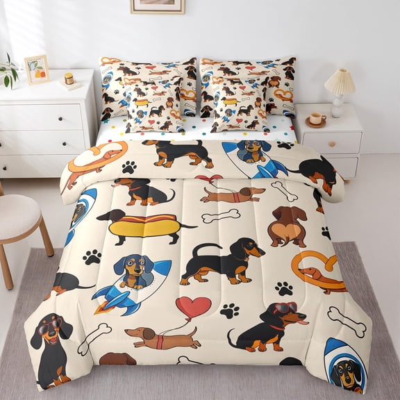 Manfei Boys Girls Dachshund Dog Bedding Comforter Set 7pcs,Kawaii Animal Queen Bedding Sets Super Cozy,Cartoon Pet Queen Sheet Sets,Ultra Soft Home Decor,Reversible