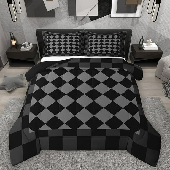 Manfei Boys Girls Geometric Plaid 3 Pieces Queen Comforter Set,Vintage Aesthetic Ultra Soft Bedding Sets,Minimalist Grid Bedding Comforter Set Breathable,Ultra Soft Home Decor,Reversible