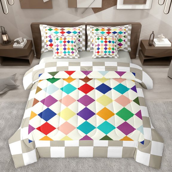 Manfei Boys Girls Geometric Plaid Bedding Comforter Set 7-Piece,Vintage Aesthetic King Bedding Sets,Minimalist Grid Ultra Soft Bed Sheets,Ultra Soft Home Decor,Reversible