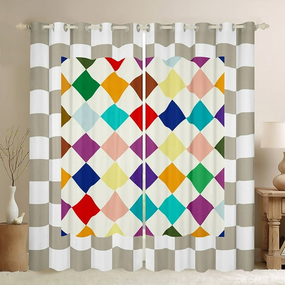 Manfei Boys Girls Geometric Plaid Curtains Pack of 2 (42x84 Each),Vintage Aesthetic Curtains Blackout,Minimalist Grid Bedroom Curtains,Ultra Soft Home Decor