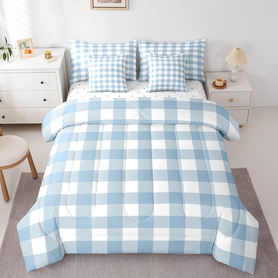 Manfei Boys Girls Geometric Plaid Grid Bedding Comforter Set 7-Piece,Blue White King Bedding Sets,Minimalist Vintage Aesthetic Ultra Soft Bed Sheets,Lightweight Room Decor